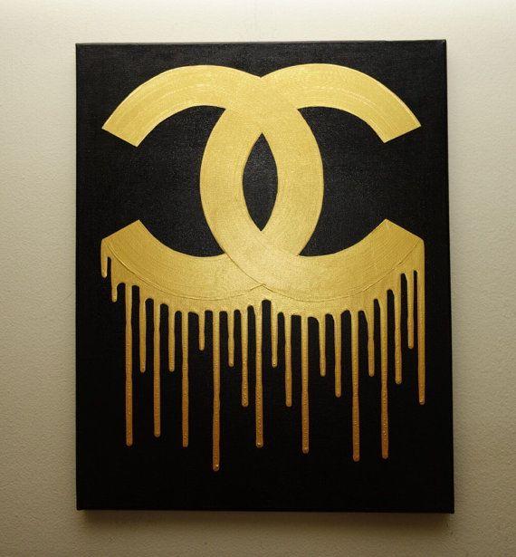 Black and Gold Chanel Logo - Chanel Drip Painting (16x20) CC Inspired, Black and Gold Art