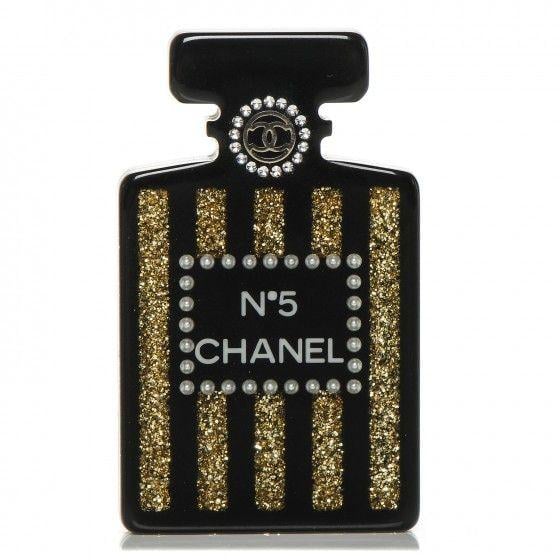 Black and Gold Chanel Logo - CHANEL Resin Strass Perfume Bottle CC Brooch Black Gold 191235