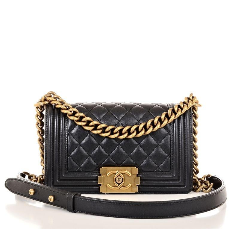 Black and Gold Chanel Logo - Chanel Small Boy Lambskin Bag in Pearly Black with Gold Hardware