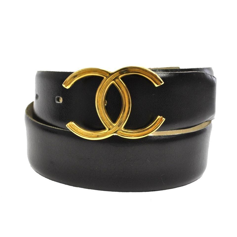 Black and Gold Chanel Logo - Cc Logos Buckle Black Gold 24 Leather France Vintage Belt. Keep