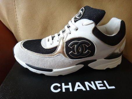 Black and Gold Chanel Logo - NIB AUTH STYLISH CHANEL BLACK GOLD AND WHITE CC LOGO SNEAKERS SHOES
