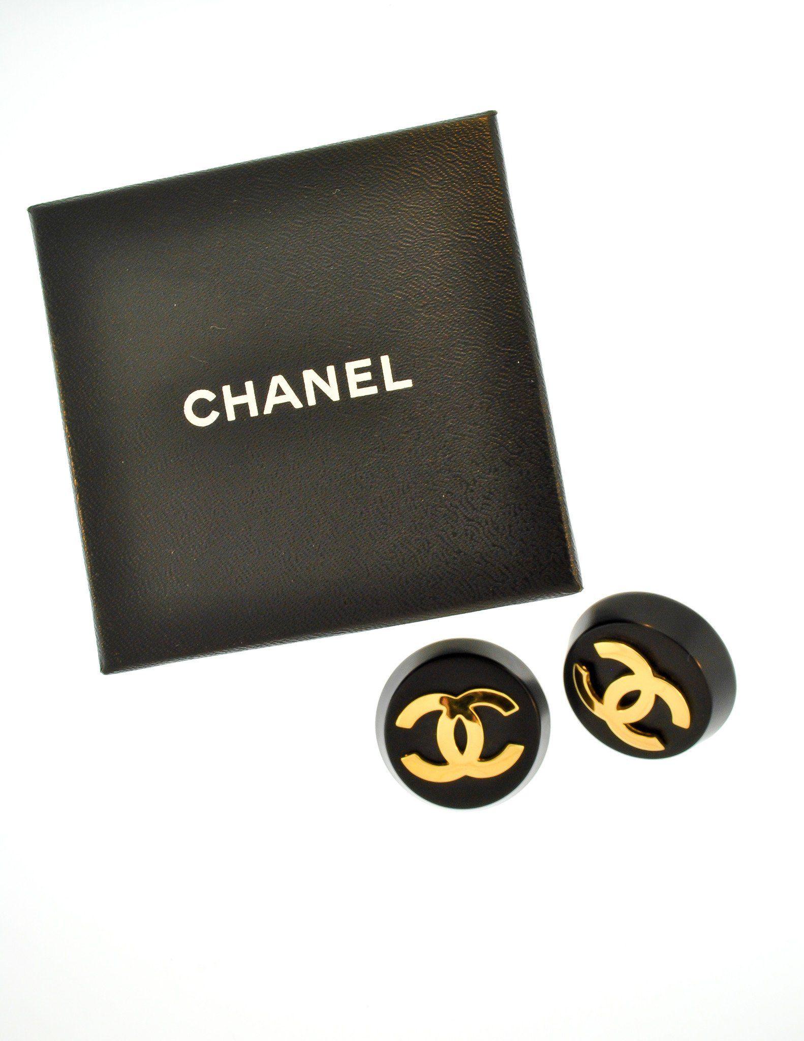 Black and Gold Chanel Logo - Chanel Vintage Black and Gold CC Logo Earrings Amarcord