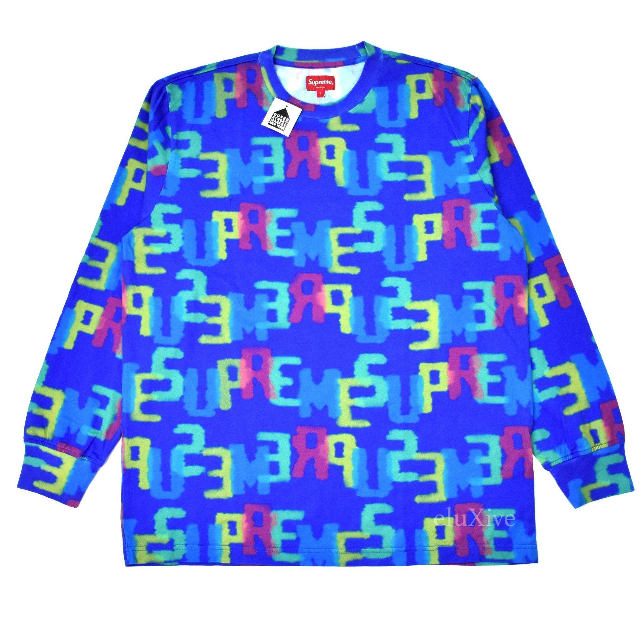 Yellow Blue Letters Logo - Supreme - Men's Blue Letters Logo Print Crewneck T-Shirt SS18 – eluXive