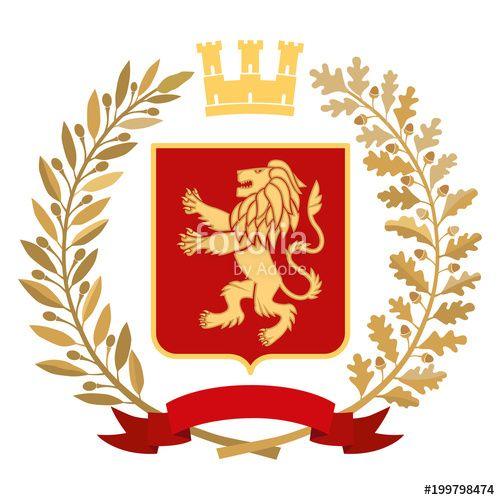 Red with Gold Lion Crown Logo - Heraldic image. On the red coat of arms is a gold stylized lion. On ...