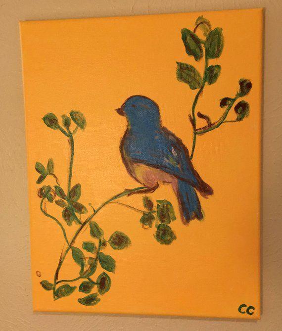 Blue Bird with Yellow Background Logo - Blue Bird on mustard yellow background oil on canvas