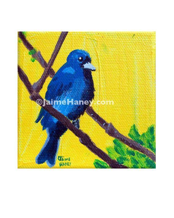 Blue Bird with Yellow Background Logo - Indigo Bunting Blue Bird on spring branch yellow background painting