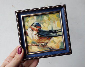 Blue Bird with Yellow Background Logo - Bird oil painting Original art Birds Painting Birdie