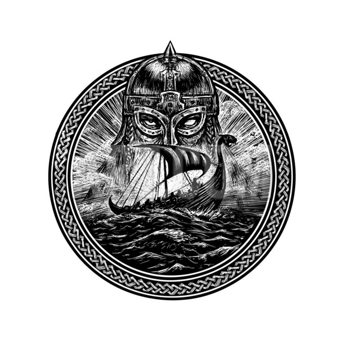 Viking Ship Logo - God Odin Storm Sea and Drakkar. Illustration of a Circle. Viking