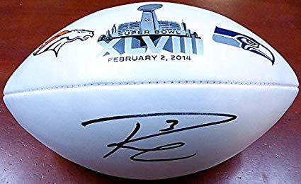 XLVIII Logo - Russell Wilson Signed Super Bowl XLVIII Logo Football Seattle