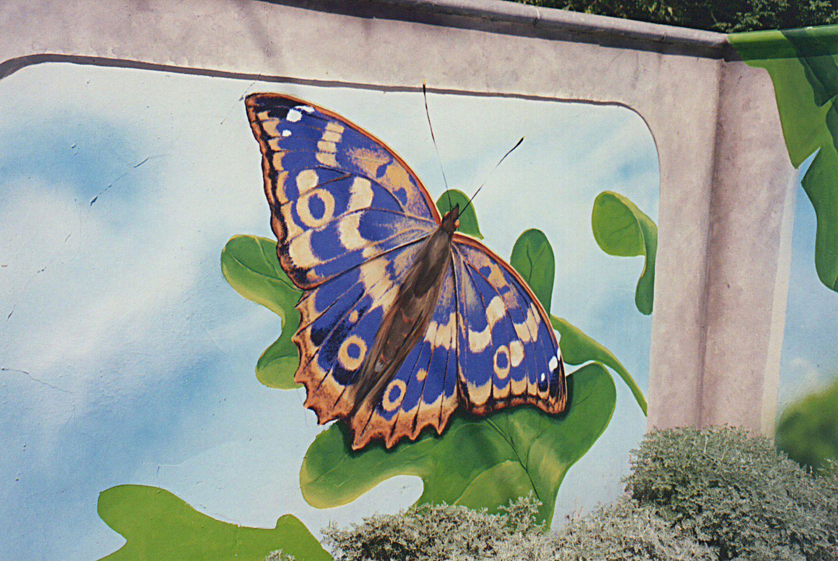Butterfly Gas Station Logo - Gas station mural of a violet and tan butterfly, Lake Balboa