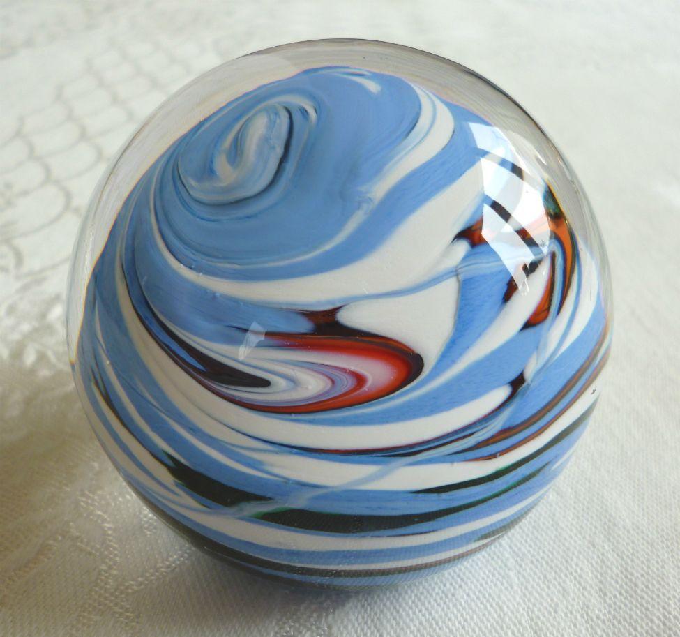 Red-Orange Blue Swirl Sphere Logo - Wedgwood Glass Paperweight With Blue White Orange Red