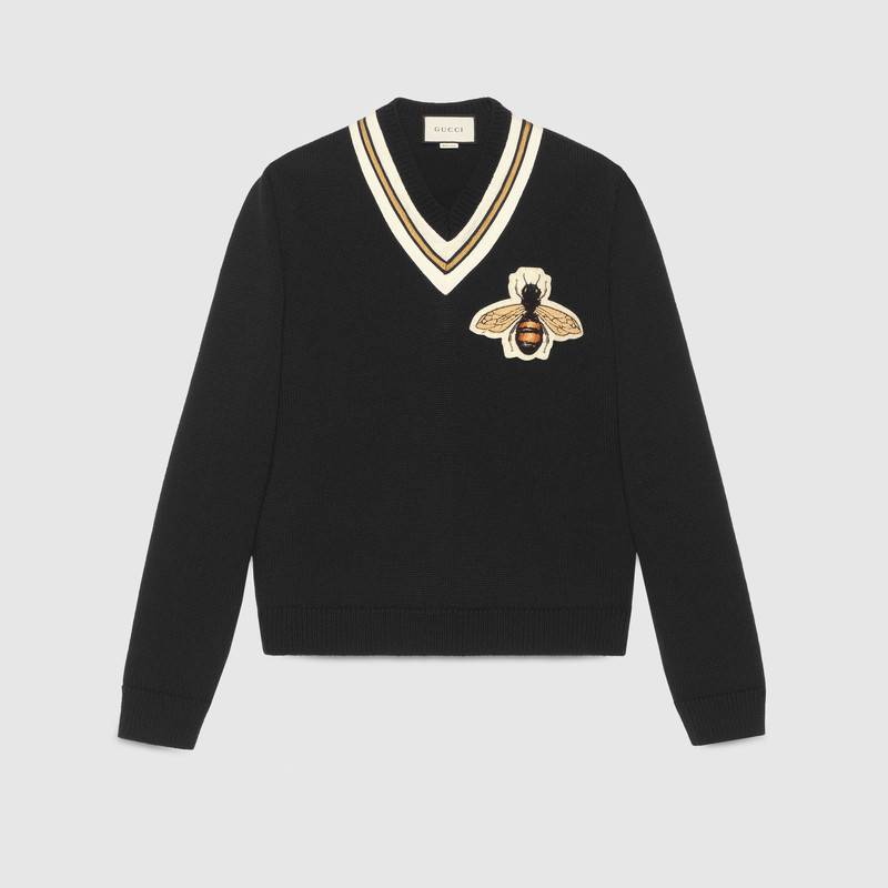 Gucci Bee Logo - Wool sweater with bee appliqué in Black wool with ribbon trim ...