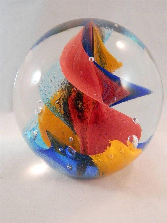 Red-Orange Blue Swirl Sphere Logo - Studio Art Glass Paperweight Spiraling Globe Swirls Red Yellow Blue ...