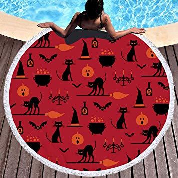 Black Bat with Red Circle Logo - SARA NELL Beach Towel Blanket with Fringe Tassels