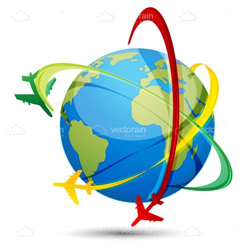 Red and Yellow Plane Logo - 3D Globe with a Green, Red and Yellow Plane Encircling with Trails ...