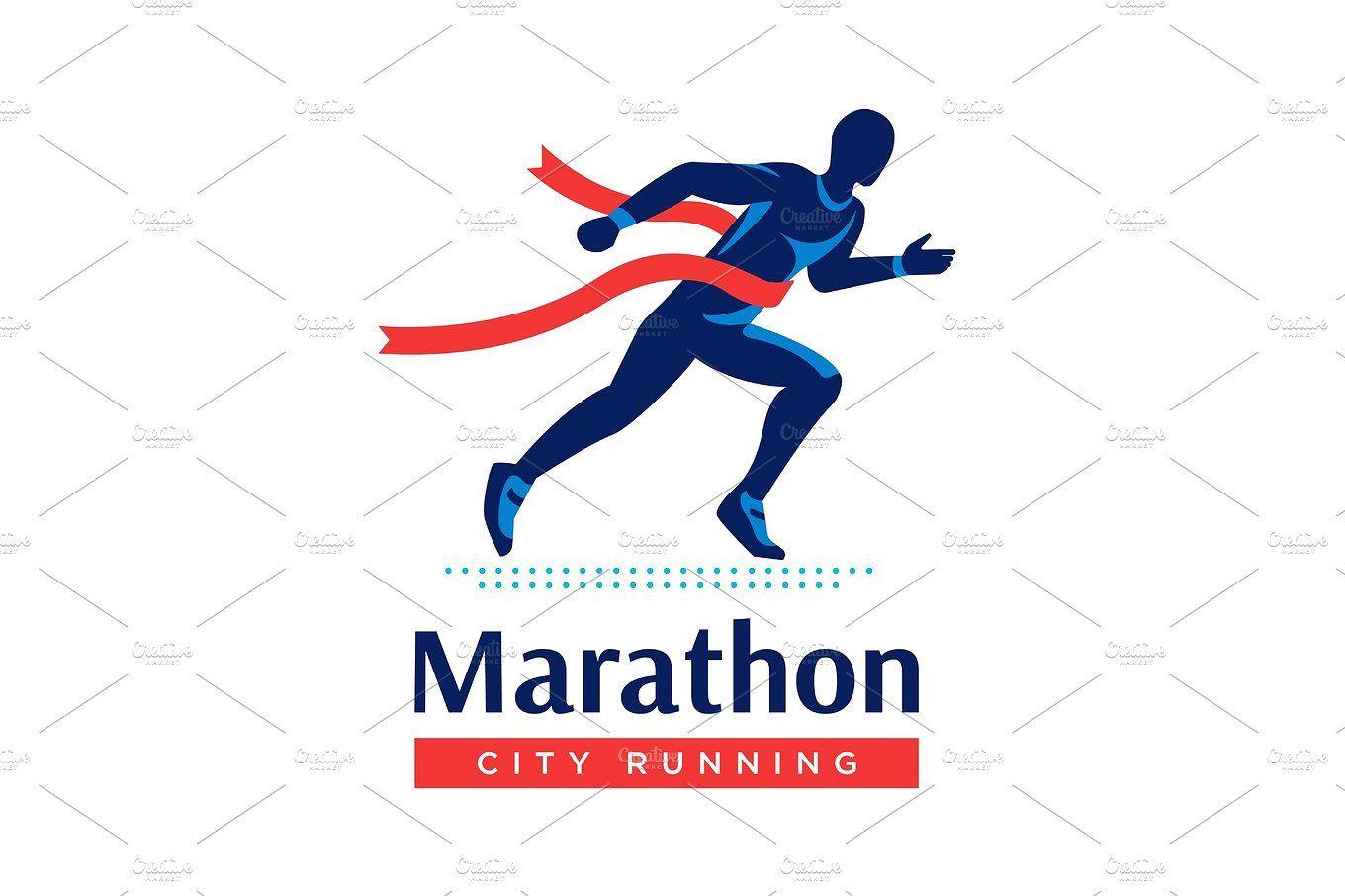 Blue and Red Ribbon Logo - Running marathon logo or label. Runner with red ribbon. Vector flat