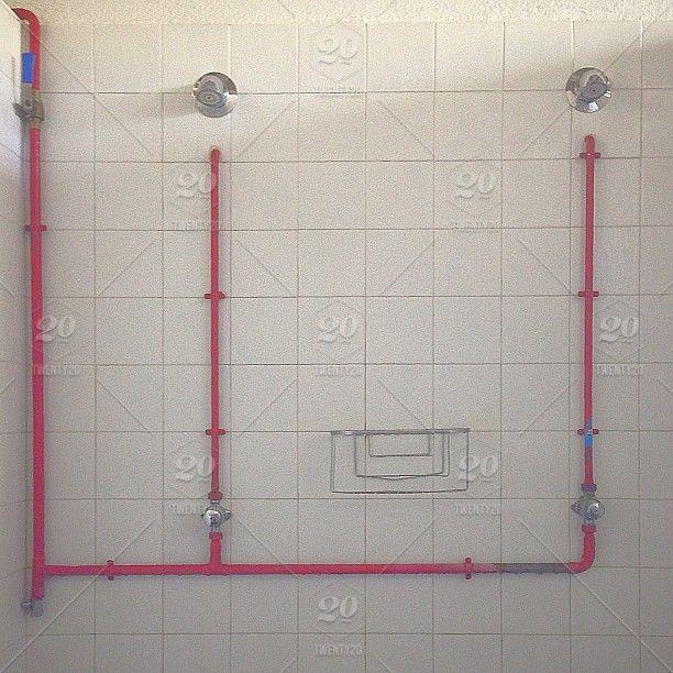 Two Red and White Square Logo - shower #pool #white #red #sex #empty #two #three #wall #tile