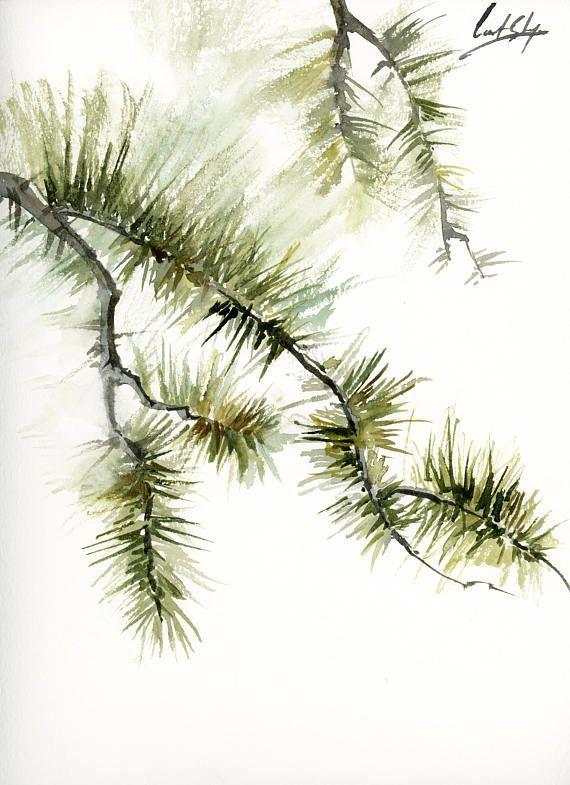 Pine Tree Branch Logo - Pine Tree Branches Original Watercolor Painting, modern minimalist