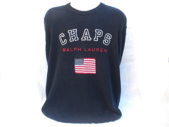 Chaps Clothing Logo - Vtg 90s Chaps Ralph Lauren American Flag Logo Sweater XLarge
