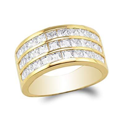 Yellow Square with Channel Logo - JamesJenny Yellow Gold Plated 3 Lines Channel Ring with Square CZ ...
