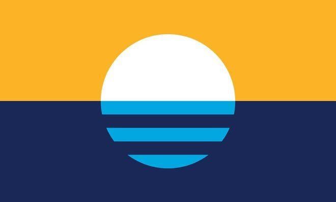 Three Blue Bar Logo - The sun rising over the lake symbolizes a new day. The blue bars