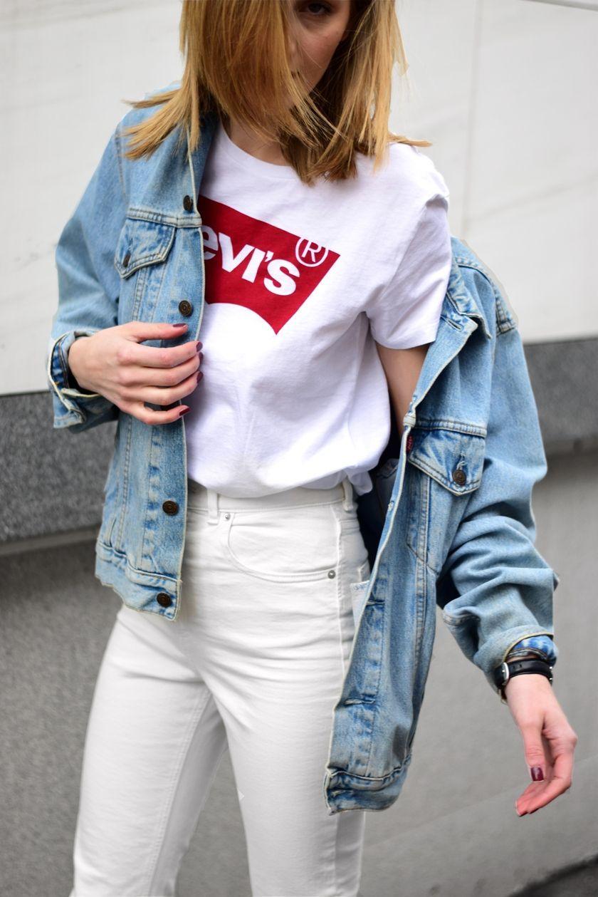 Denim and White Logo - white jeans, levis logo shirt, levi's vintage denim jacket, minimal ...