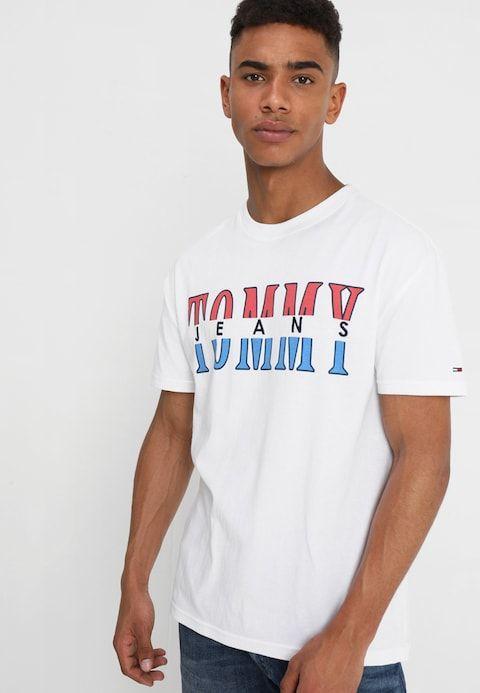 Denim and White Logo - Tommy Jeans SPLIT LOGO TEE T Shirt.co.uk