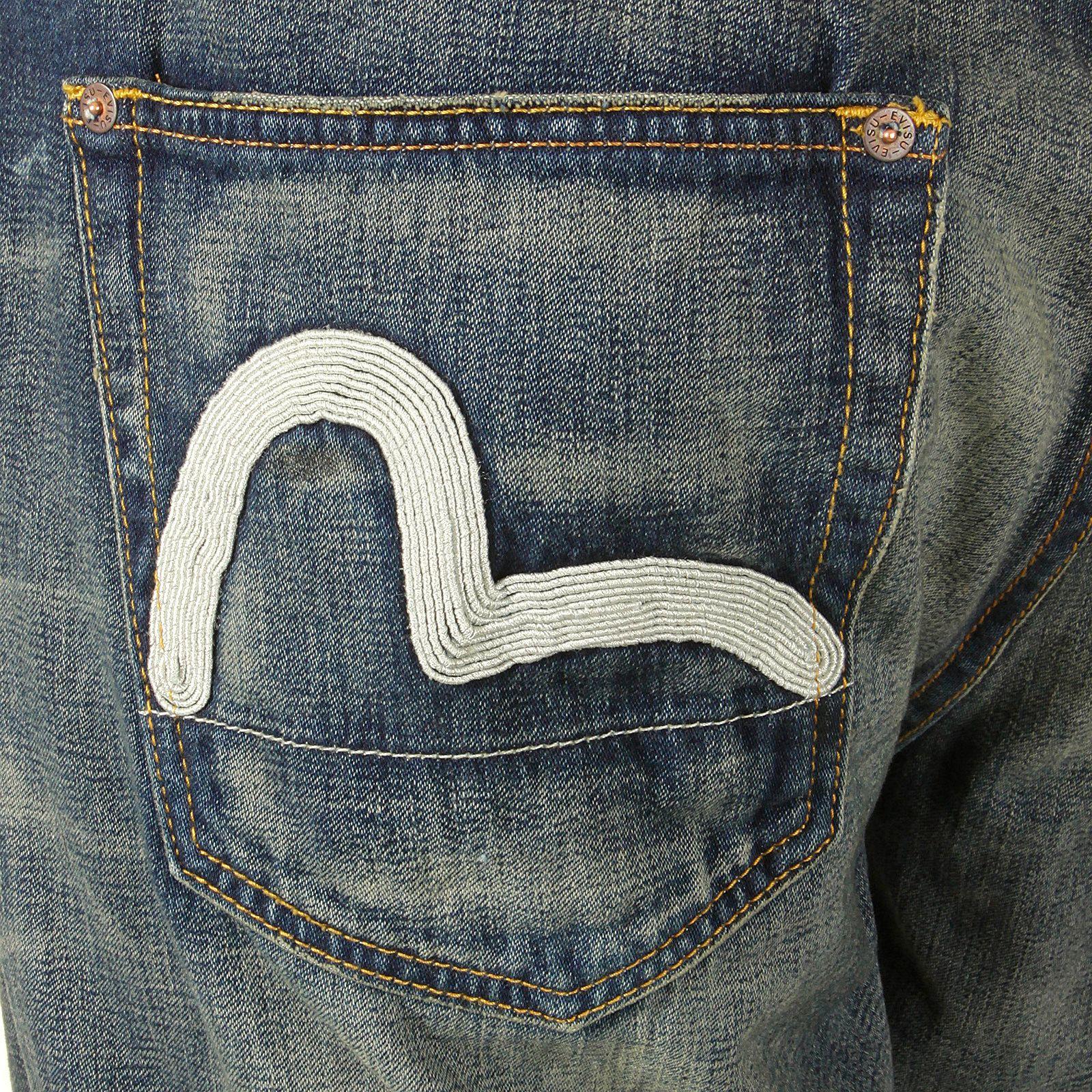 Denim and White Logo - Evisu Denim Jeans Featuring Whiskered and Faded Details