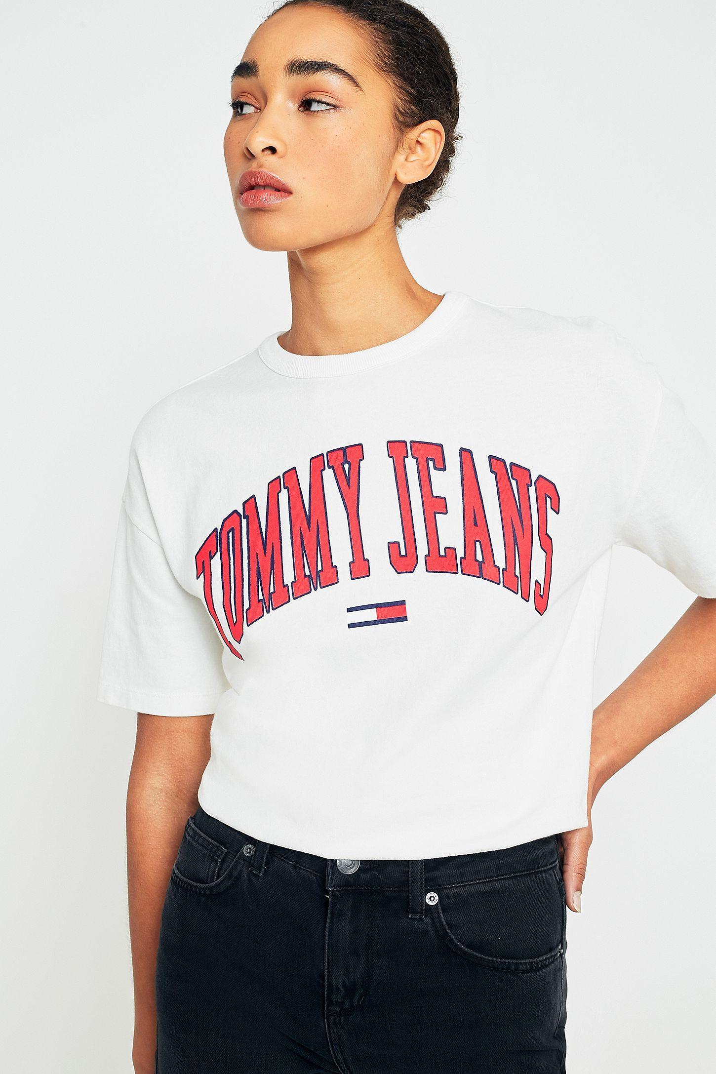 Denim and White Logo - Tommy Jeans Collegiate White Logo T-Shirt | Urban Outfitters UK