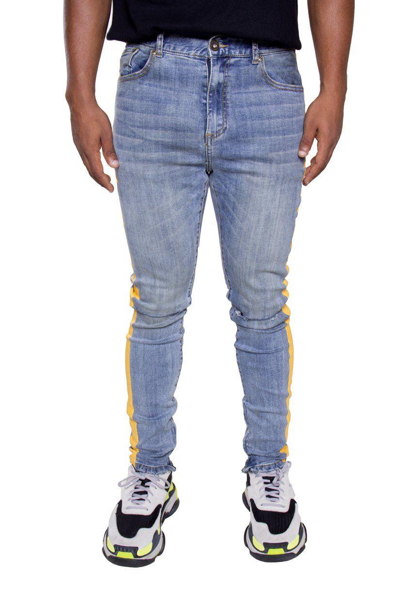 Blue and Yellow Stripe Logo - Striped Logo Denim Blue With Yellow Stripe - HommeFemmeLA