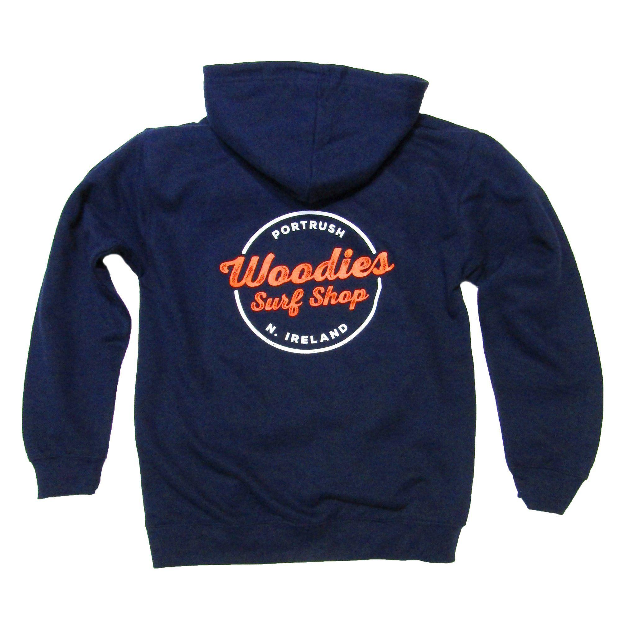 Orange and White Logo - Kids - Navy Hoody - Orange & White Script Logo – Woodies Surf Shop