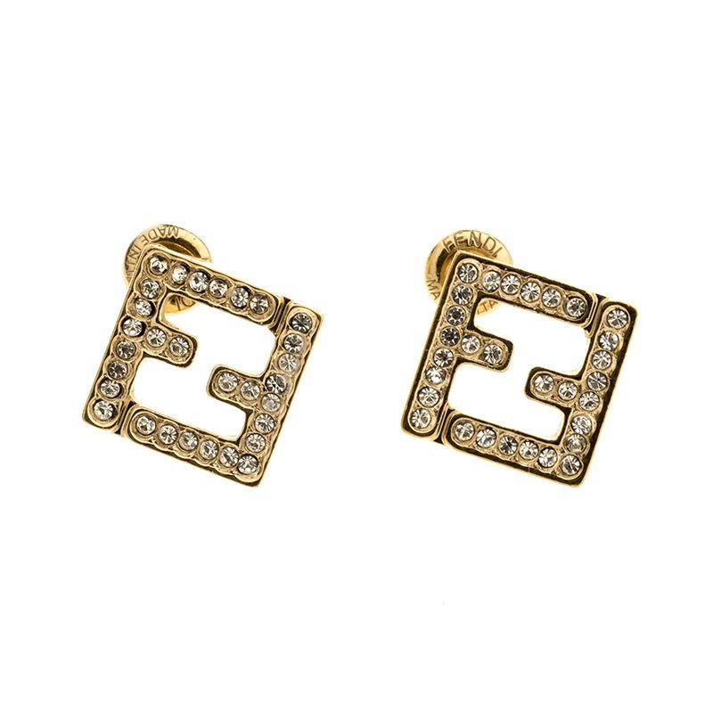 Gold Fendi Logo - Buy Fendi Logo Crystal Studded Gold Tone Stud Earrings 131380 at ...