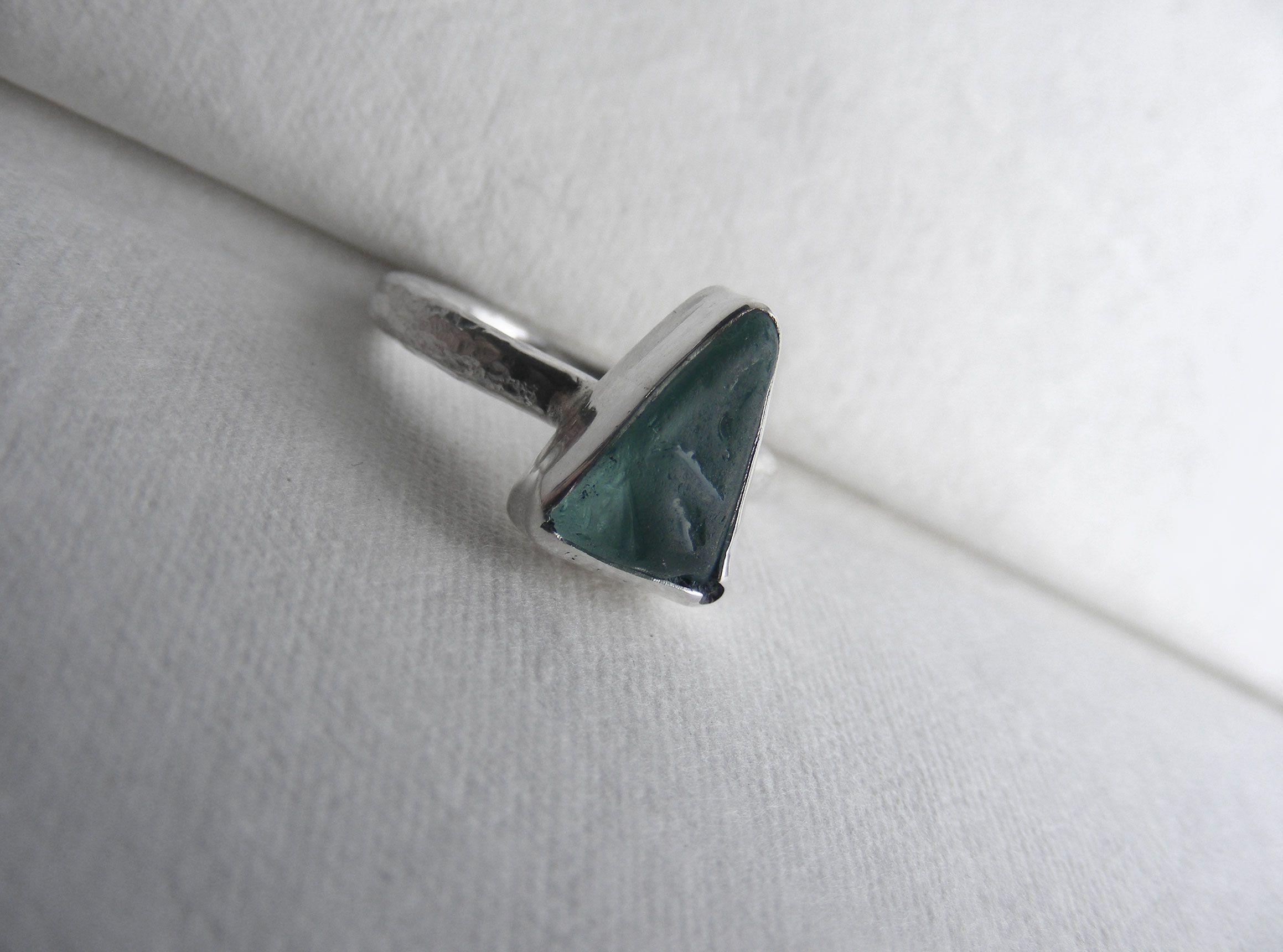 Solid Green Triangle Logo - Sea-Foam-blue-green-triangle-sea-glass-ring-bezel-set-in-silver-on-a ...