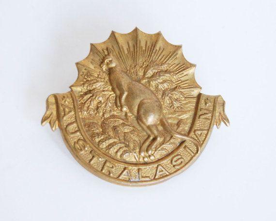 Kangaroo and Sun Logo - Vintage Military Cap Badge Australian Kangaroo Rising Sun Brass