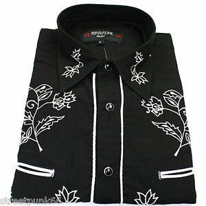 Red and Black Cowboy Logo - Relco Black Cowboy Western Line Dancing Flower Embroidered Shirt Red