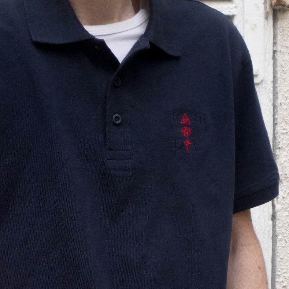 Blue with Red Polo Logo - Rave Or Die - Men Polo - color Blue Navy - Blue & Red embroidered ...