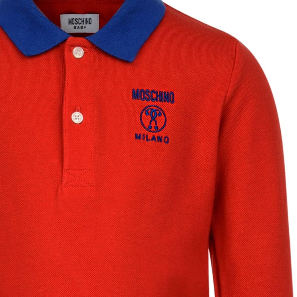 Blue with Red Polo Logo - Moschino Baby Boys Red Long Sleeve Polo Shirt with Blue Trimming