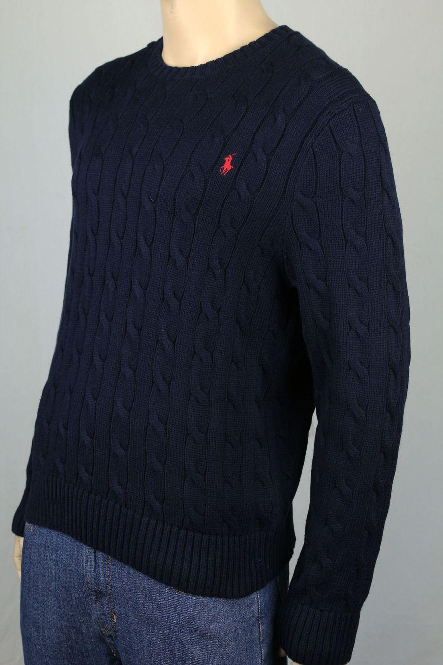 Blue with Red Polo Logo - Polo Ralph Lauren Navy Blue Crewneck Cable-knit Sweater Red Pony NWT ...