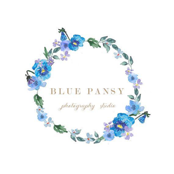 Blue Flowers Logo - Watercolor blue wreathWreath logo design//Pansy by MillyBoutique ...