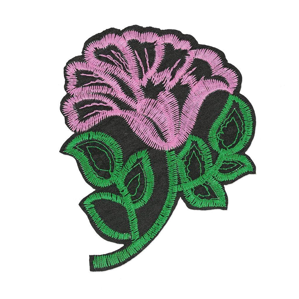 Petal Pink Green Flower Logo - Hotfix Badge exotic flower 92x75 mm Pink/green/black x1 - Perles & Co