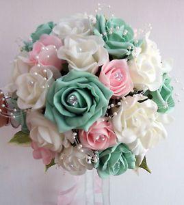 Petal Pink Green Flower Logo - Wedding Flowers Brides Bouquet Ivory & pale pink & mint green roses ...