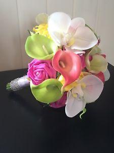 Petal Pink Green Flower Logo - BRIDAL BOUQUET TROPICAL PINK GREEN YELLOW LILY ROSE ORCHID BRIDE ...