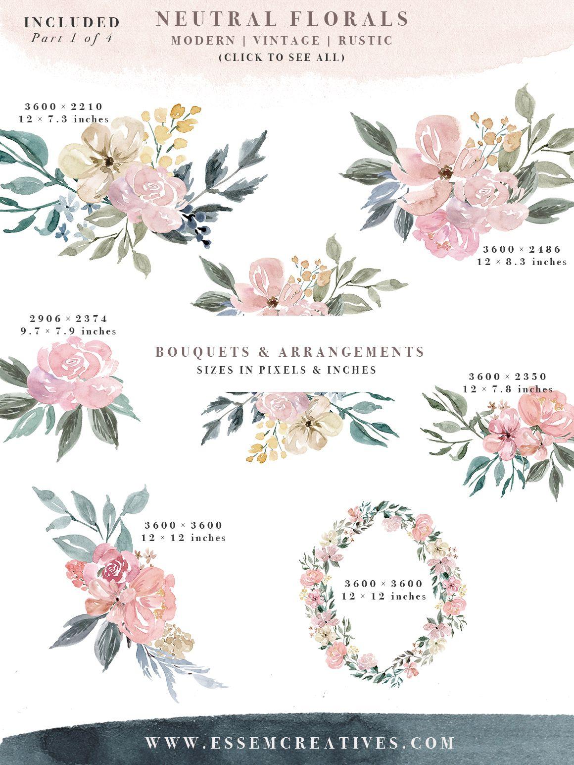 Flower Frames Rustic Logo - Neutral Watercolor Flowers Clipart, Floral Borders & Frames for Wedding