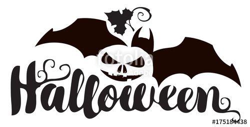 Halloween Black and White Logo - Happy Halloween lettering for zombie party with pumpkin, bat, church