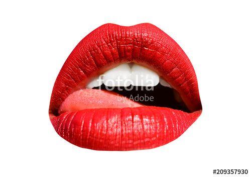 Hot Red Lips and Tongue Logo - Mouth with tongue, red lips and white teeth isolated on white ...