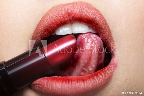 Hot Red Lips and Tongue Logo - Lipstick, sexy tongue in female mouth. Red lips and open sensual ...