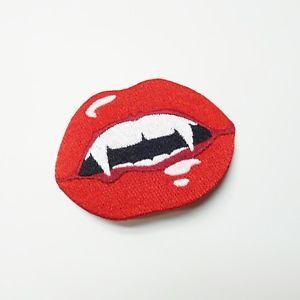 Hot Red Lips and Tongue Logo - Vampire Teeth, Red Lips Iron On Sew On Embroidered Patch, Goth