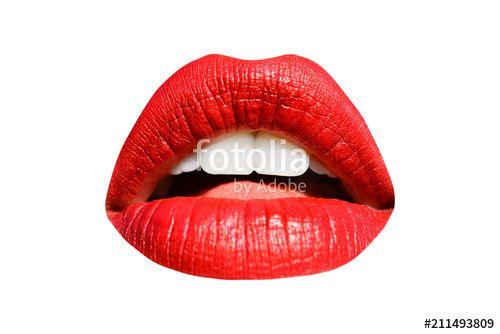 Hot Red Lips and Tongue Logo - Lips, red lipstick, mouth isolated on white background with white ...