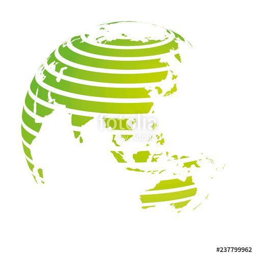 Striped Globe Logo - Earth globe with green striped World land map focused on Asia. 3D