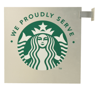 We Proudly Serve Starbucks Logo - Double sided NOS aluminum flange sign for Starbucks Coffee with ...